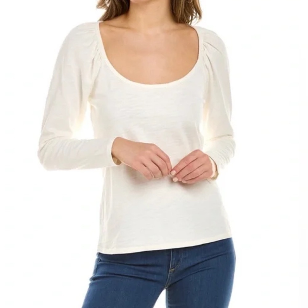 Nation LTD Cherry Scoop Neck T-Shirt Long Sleeve Cotton Cream Ivory Size Medium
